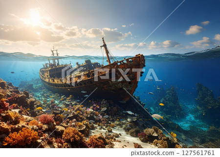 The sea dyed in the sunset, a shipwreck sinking in the deep sea 127561761