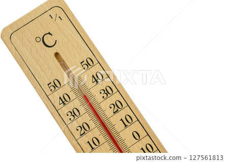Wooden thermometer shows over 38 degrees 127561813