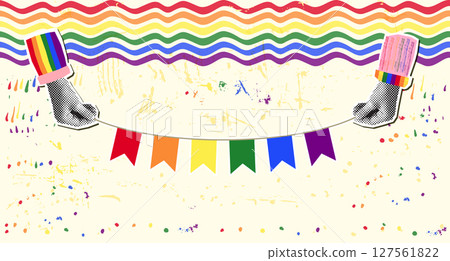 Vector LGBT flag colors bunting collage, Pride day banner or flyer with textured background Vector LGBT flag colors bunting collage, Pride day banner or flyer with textured background 127561822