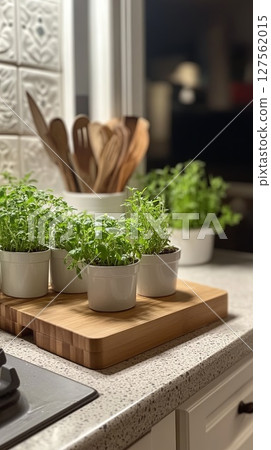 kitchen counter with potted herb cuttings. 127562015