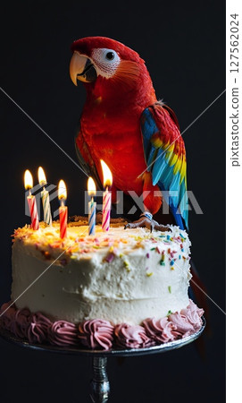 Parrot sitting on a birthday cake with candles. 127562024