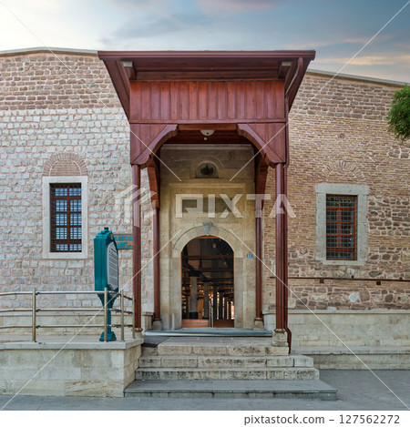 Entrance to Alaaddin Keykubad Mosque showcases stunning architecture in Konya, Turkey at evening 127562272