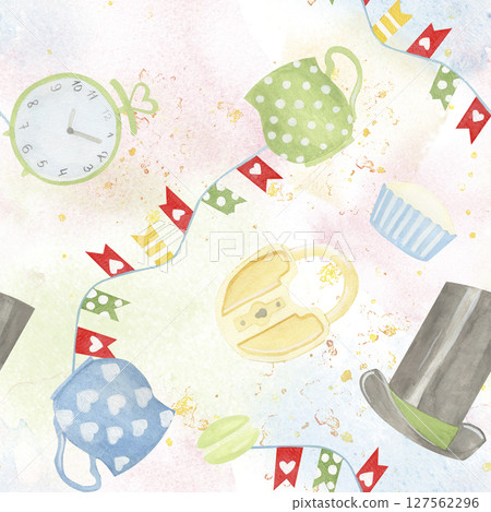 Seamless watercolor pattern with teacups, cupcakes, click, lock, top hat,garland and macarons on a pastel background. Ideal for party decor, invitations, scrapbooking, or children designs, wallpaper 127562296