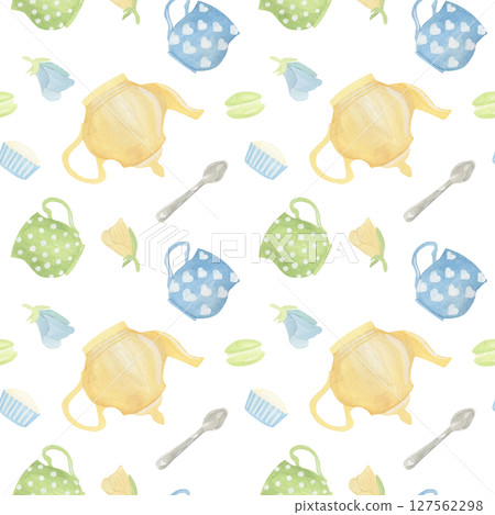 Seamless watercolor pattern with teapots, mugs, flowers, spoons, macarons, and cupcakes in pastel colors. Whimsical and cozy style, ideal for kitchen decor, textiles, or tea party invitations. Seamless watercolor pattern with teapots, mugs, flowers, spoons, macarons, and cupcakes in pastel colors. Whimsical and cozy style, ideal for kitchen decor, textiles, or tea party invitations. 127562298