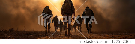 Soldiers assisting a community in a conflict zone, providing aid and ensuring safety The scene depicts the role of international forces in upholding justice in wartorn areas 127562363