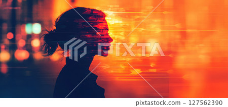 Silhouette of a woman against an abstract, colorful background, embodying modern art and digital aesthetics. 127562390