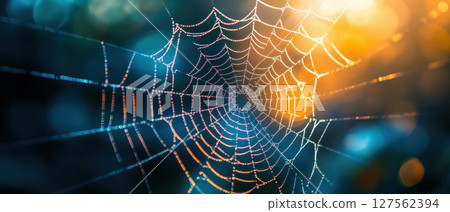 A close-up of a delicate spider web glistening in sunlight, showcasing intricate patterns and the beauty of nature. 127562394