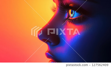 A striking profile of a woman with vibrant lighting, showcasing artistic elements and captivating colors. 127562409