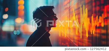 A thoughtful individual stands in profile against a vibrant graph, pondering data insights with a city backdrop. 127562412