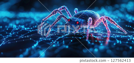 A vibrant, digitally rendered spider with glowing eyes, set against a dazzling blue and purple web of interconnected lights. 127562413