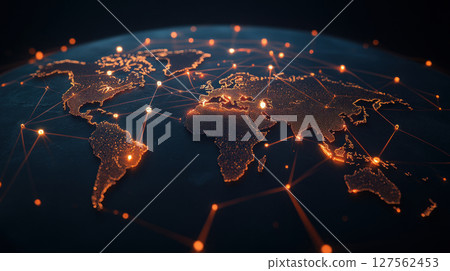 Macro view of interconnected global trade routes influenced by policy changes, with glowing economic data overlays, global trade, policy influence 127562453