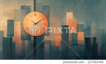 Abstract cityscape with a giant clock representing timebased adjustments in monetary policy, interest rates, economic timing 127562488