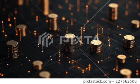 Abstract visualization of money flowing through an economy, controlled by digital sliders for interest rates and inflation, monetary flow, economic control 127562506
