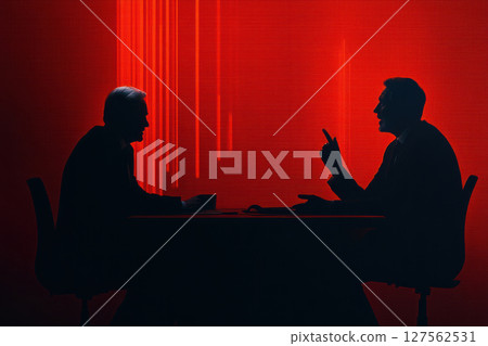 Abstract political leaders discussing economic policies with holographic data projections in the background, economic debate, policy decisionmaking 127562531