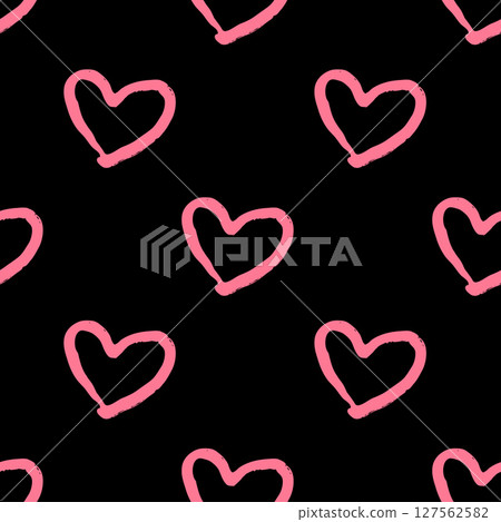 Vector seamless pattern hand drawn with pink textured hearts on black background 127562582
