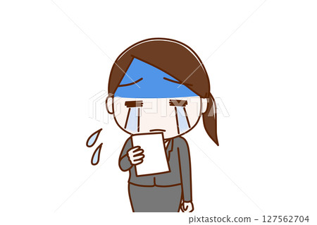 (Front view of upper body) A woman in a suit turns pale and starts crying after seeing the notice 127562704