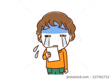 (Front view of upper body) A white boy turns pale and starts crying after seeing the notice (Front view of upper body) A white boy turns pale and starts crying after seeing the notice 127562712
