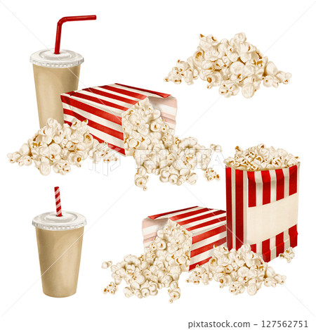 Set of illustrations with popcon.Snack in paper bags. Drink in paper cup with straw. Popcorn spilled. Snack packaging in red stripes. Watercolor illustration isolated from background. Hand drawn.  127562751