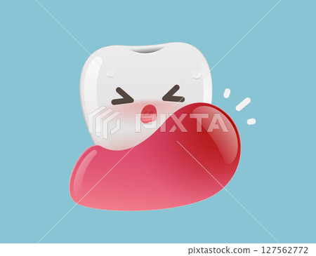 Cartoon tooth in pain with swollen gum showing dental inflammation. 127562772