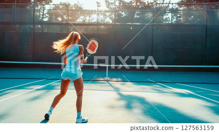 Young woman playing tennis on the tennis court 127563159