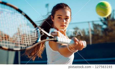 Young woman playing tennis on the tennis court 127563193