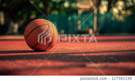 Basketball ball on the ground. Ball on the red court 127563199
