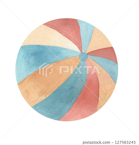 Baby Toy Ball. Hand drawn watercolor illustration of beach ball in pastel colors. Isolated from the background. Element for sport game. For design of summer holidays, holidays sea or near the pool. Baby Toy Ball. Hand drawn watercolor illustration of beach ball in pastel colors. Isolated from the background. Element for sport game. For design of summer holidays, holidays sea or near the pool. 127563243