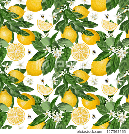 Seamless pattern with lemons. Citrus flowers on a branch with leaves and fruits. Vintage summer pattern for fabric. Small white flowers. Watercolor illustration Hand drawing. For fabric and packaging. Seamless pattern with lemons. Citrus flowers on a branch with leaves and fruits. Vintage summer pattern for fabric. Small white flowers. Watercolor illustration Hand drawing. For fabric and packaging. 127563363