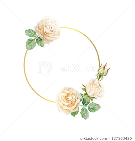 Roses peach and golden round frame, watercolor. Hand drawn vector illustration of pastel flowers. For birthday greeting cards, Valentines day, wedding invitations, summer banners, posters, labels. 127563420