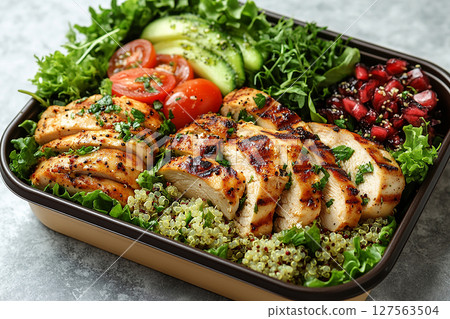 Packed office lunch box with quinoa salad, grilled chicken, mixed greens and fruit. 127563504