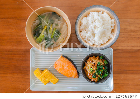 A nutritious Japanese breakfast with rice and miso soup 127563677