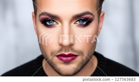 Close up portrait of a man with blue eyes and vibrant pink eye makeup, bold lipstick, promoting self expression and modern beauty concepts. 127563683