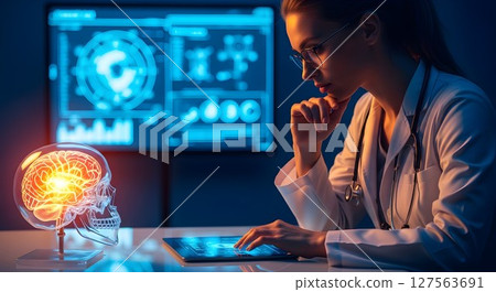 Woman neurologist studying human brain pathology. Medical scientist researching brain activity. Neuroscience and artificial intelligence concept. 127563691