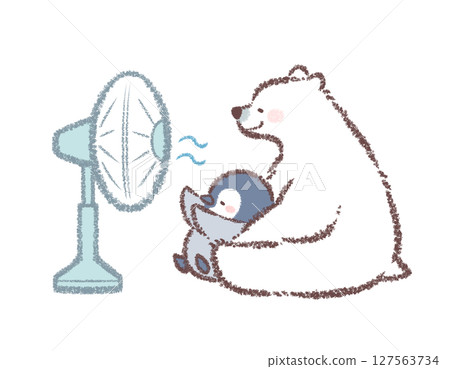 Polar bear and penguin chick cooling off with a fan 127563734