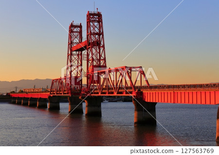 [Saga Prefecture] Evening view of Chikugo River Lift Bridge 127563769