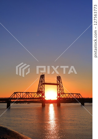 [Saga Prefecture] Evening view of Chikugo River Lift Bridge 127563773