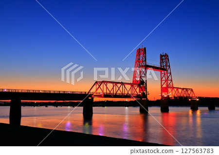 [Saga Prefecture] Evening view of Chikugo River Lift Bridge 127563783