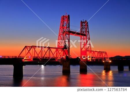 [Saga Prefecture] Evening view of Chikugo River Lift Bridge 127563784