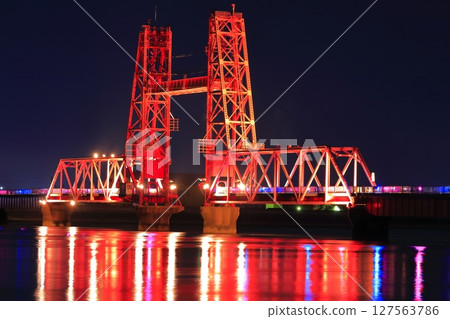 [Saga Prefecture] Night view of Chikugo River Lift Bridge 127563786