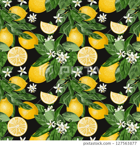 Seamless pattern with lemons. Citrus flowers on a branch with leaves and fruits. Vintage summer pattern for fabric. Small white flowers. Watercolor illustration on a dark background. Hand drawn.  127563877