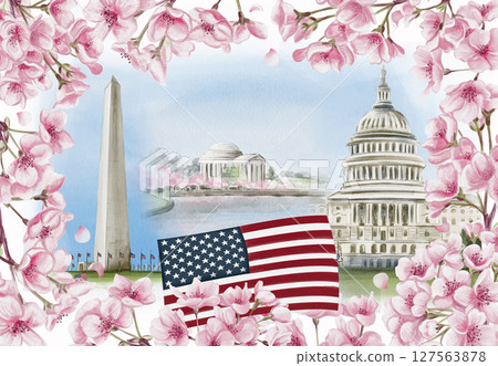 National Cherry Blossom Festival in Washington D.C. Postcard with cherry blossoms and landmarks of the US capital. Watercolor illustration. Sketch. Hand drawing. High quality illustration National Cherry Blossom Festival in Washington D.C. Postcard with cherry blossoms and landmarks of the US capital. Watercolor illustration. Sketch. Hand drawing. High quality illustration 127563878