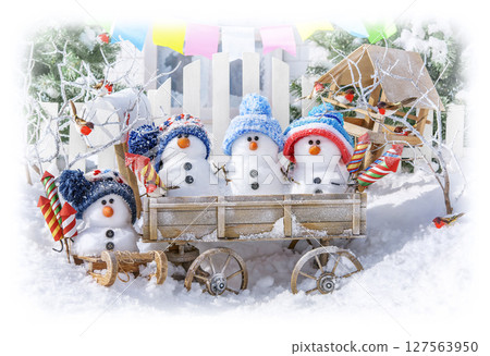 Postcard with Christmas and a new year with cute snowman Postcard with Christmas and a new year with cute snowman 127563950