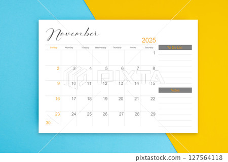 November 2025 calendar pagewith to do list on blue color background. 127564118