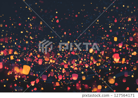 Seamlessly looped background of floating lanterns and abstract fireworks in a fantastic night sky 127564171