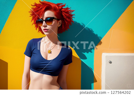 Portrait of a woman with red hair and sunglasses on a abstract painted background, summer vibrancy. Generative AI. Portrait of a woman with red hair and sunglasses on a abstract painted background, summer vibrancy. Generative AI. 127564202