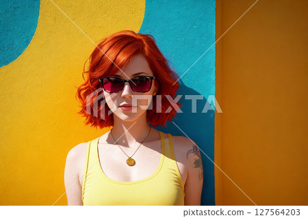 Portrait of a woman with red hair and sunglasses on a abstract painted background, summer vibrancy. Generative AI. Portrait of a woman with red hair and sunglasses on a abstract painted background, summer vibrancy. Generative AI. 127564203