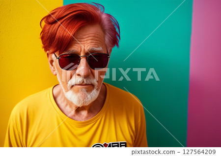 Portrait of a caucasian man on colorful background, summer brightness. Generative AI. Portrait of a caucasian man on colorful background, summer brightness. Generative AI. 127564209