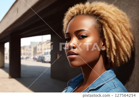 A beautiful african american woman portrait, city street as background. Generative AI. 127564254