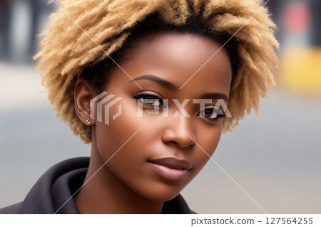 A beautiful african american woman portrait, city street as background. Generative AI. 127564255