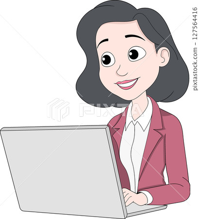 Cartoon Female HR Manager Working on Laptop Cartoon Female HR Manager Working on Laptop 127564416